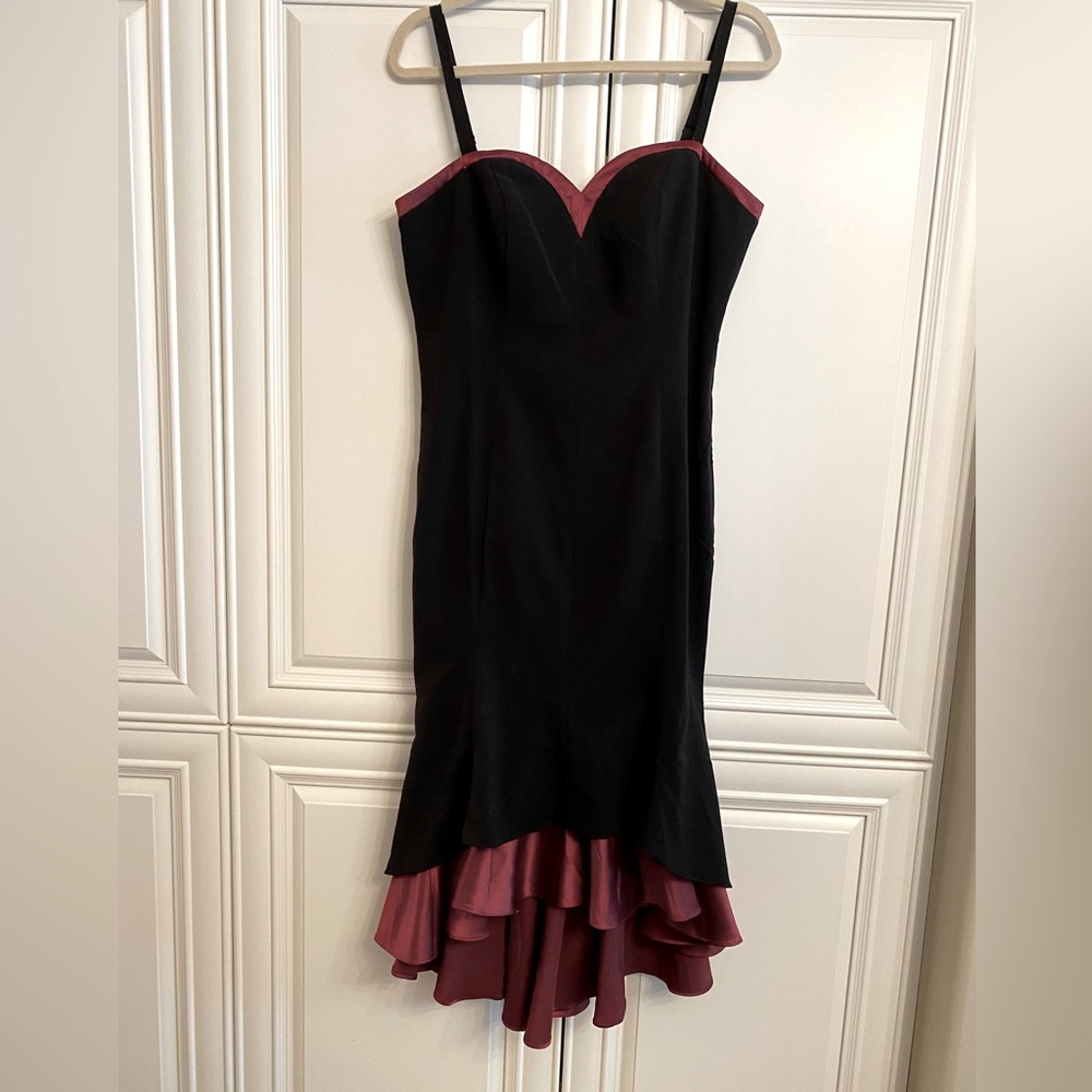 NWOT Venus Size 8 Black with Purple Midi Dress Hi-Low Bodycon Spaghetti Straps